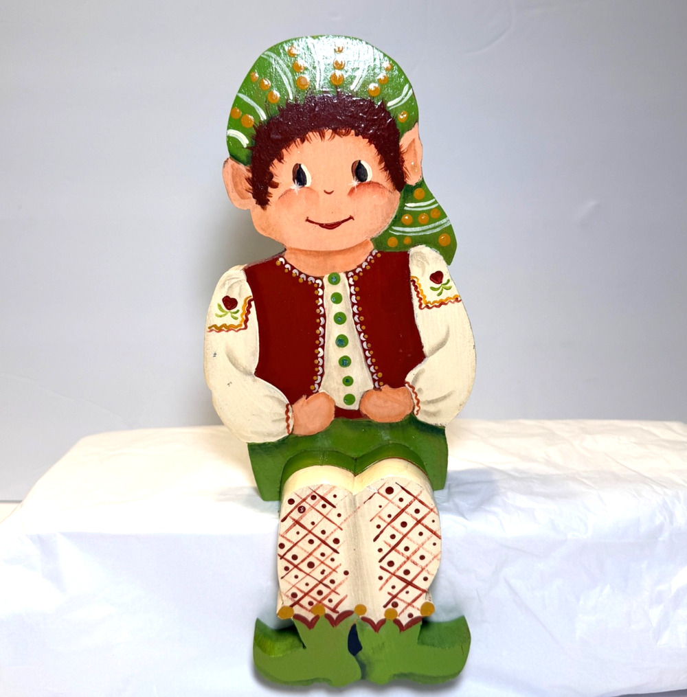 Vintage Hand Painted Wood Christmas Elf Shelf Sitter 10" Mantle Decoration